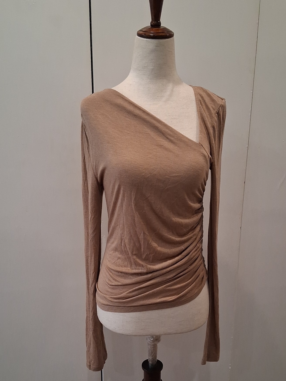 Zara Asymmetric Ruched Long Sleeve Top - Tan